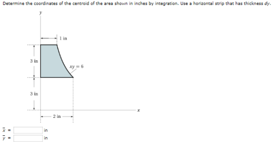 Determine the coordinates of the centroid of the area shown in inches by integration. Use a horizontal strip that has thickne