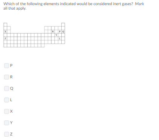 Which of the following elements indicated would be considered inert gases? Mark all that apply. PQ R Y L P R X Y 7