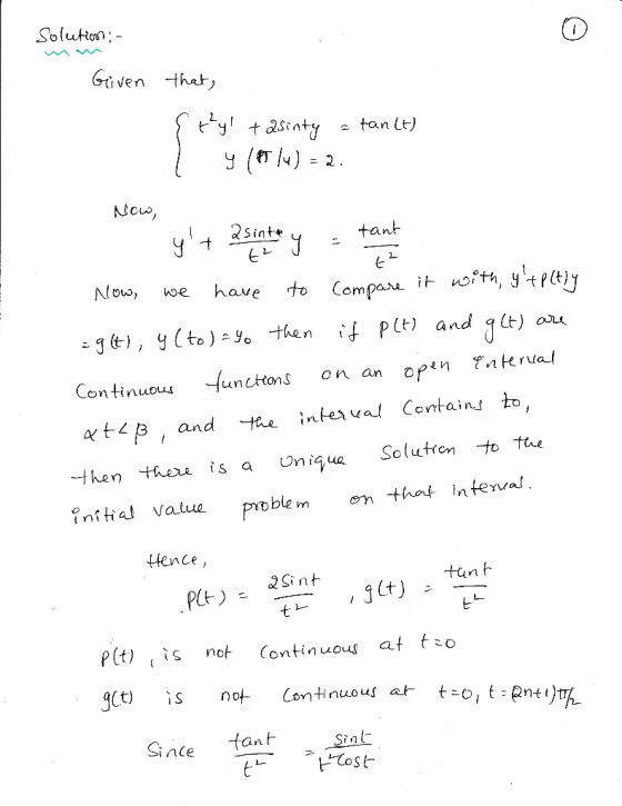 Solution tasiaty tan (t) Nouu, Sinte tant Nee e have to Comparu it oth, ytrtly -3t), y (to)-3° ,then ,f plt) and act) au Cont