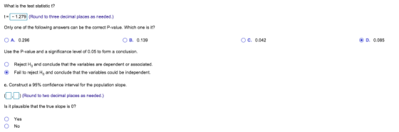 What the test statistic t? 1.279 (Round to three decimal places as needed.) Only one of the following answers can be the corr