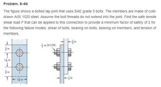 Problem. 8-66 The figure shows a bolted lap joint that uses SAE grade 5 bolts. The members are made of cold- drawn AISI 1020