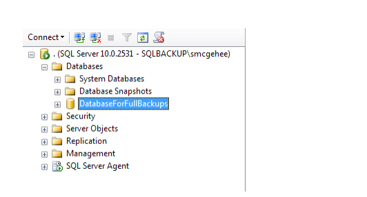 Connect ▼ 髺習. T S . (SQL Server 10.0.2531-SQLBACKUPlsmcgehee) Databases 田 System Databases Database Snapshots DatabaseForFull
