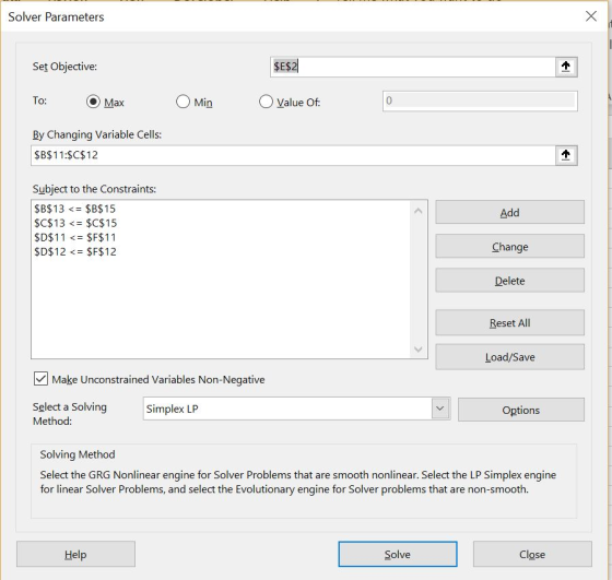 Solver Parameters Set Objective: SES2 To: .) Max Min Value Of: 0 By Changing Variable Cells: -$BSI 1:$C$12 Subject to the Con