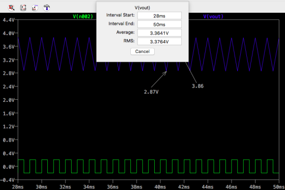 V(vout) V (n002) Interval Start: 28ms V(vout) 4.4V Interval End: 50ms 4.0V Average: 3.3641V RMS: 3.3764V 3.6V Cancel 3.2V 2.8