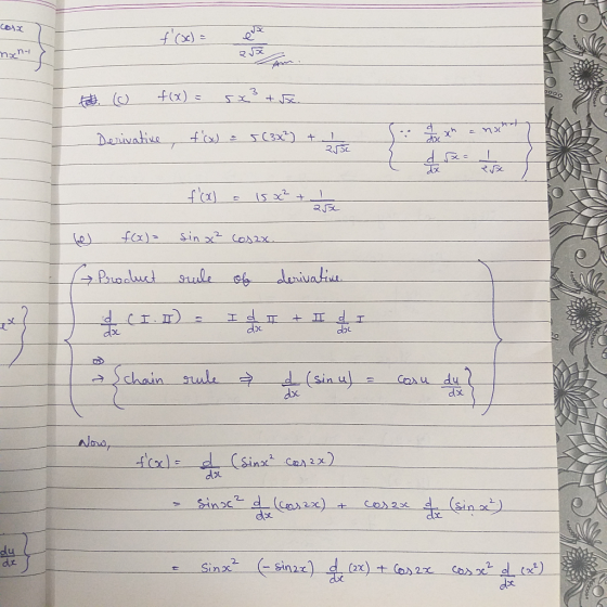 R EX mxn-i 000 f(x) tyku Denivative ip f) sin 2 coA2x Le) Proclut Sule denivaliut H dr doc dx ule (sin ul diec Schain du dx A