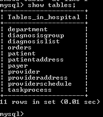 mysql show tables; i Tables_in_hospital department diagnosisgroup i diagnosislist ordePs patient patientaddress payer provide