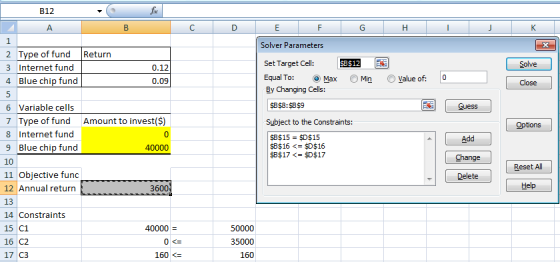 B12 Solver Parameters 2 Type of fund Return 3 Internet fund 4 Blue chip fund Set Target Cell: BS12 Equal To: o Max (。Min By C