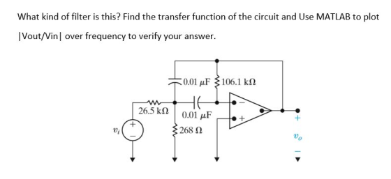 What kind of filter is this? Find the transfer function of the circuit and Use MATLAB to plot IVout/Vin over frequency to ver