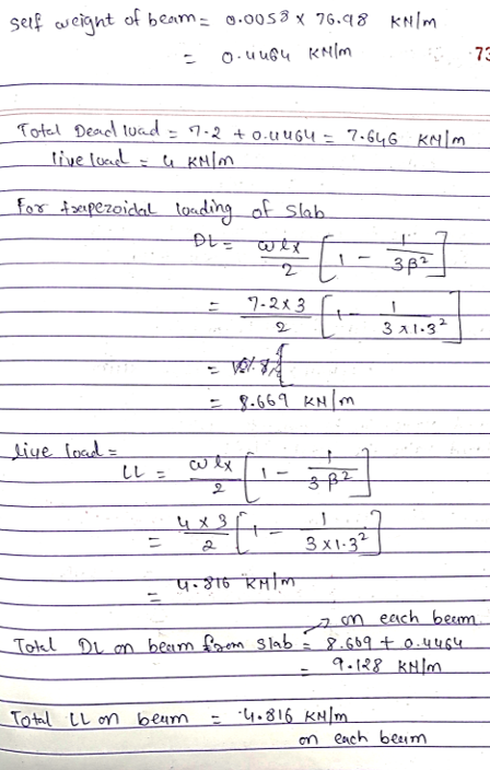 seuf weiqnt of beam 0.00s3 x 76.98 KN/M 73 Totel Deacl luad - 1.2 + 0.uugų = 7.646 KNlm tive loa for dupezoidal toading af sl