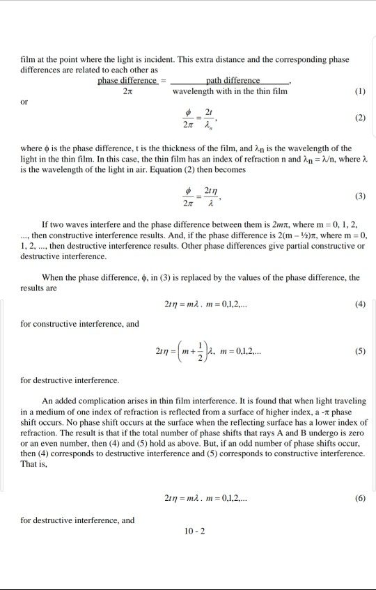 film at the point where the light is incident. This extra distance and the corresponding phase differences are related to eac