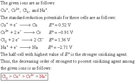 The given ions are as follows: Cu*, Cr2, a2, and Na The standard reduction potentials for these cells are as follows: Cu+ +