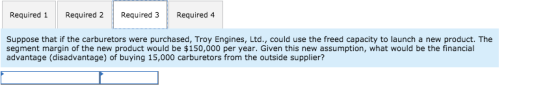 Required 1 Required 2Required 3Required 4 Suppose that if the carburetors were purchased, Troy Engines, Ltd., could use the f