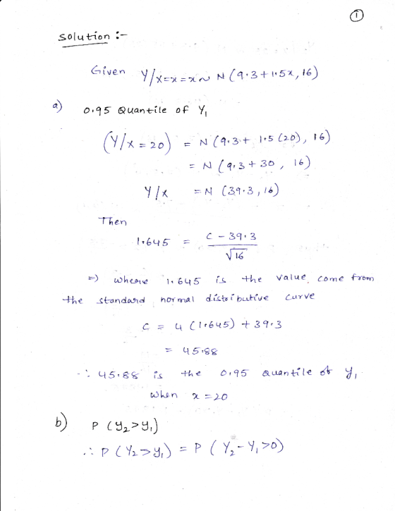 Solution .- Civen 0,95 Quantile of Y N ,3 30, 16 시 (31,3,16 Then C-39.3 Wheat e 1.645 rs +he value, come frm the standad horm