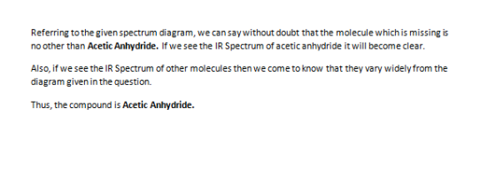 Referring to the given spectrum diagram, we can say without doubt that the molecule which is missing is no other than Acetic