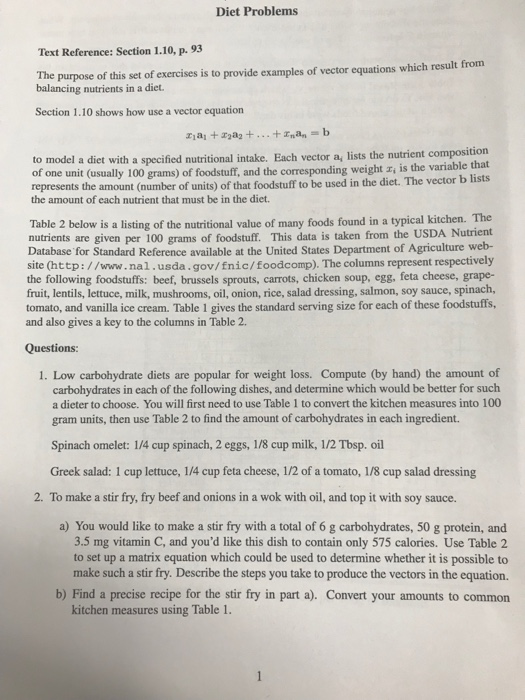 Diet Problems Text Reference: Section 1.10, p. 93 The purpose of this set of exercises is to provide examples of vector equat
