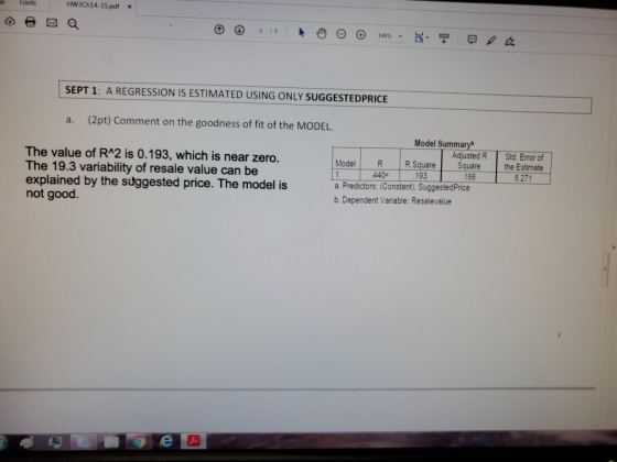 Tools HW3Ch14-15.pdf 3/5 149% SEPT 1: A REGRESSION IS ESTIMATED USING ONLY SUGGESTEDPRICE (2pt) Comment on the goodness of fi