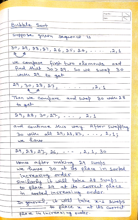 Poge No. OUv Date: Bubbla Sort Suppo se grven sequen co 30 29, ad, F1, 26, 25, 34, ,2, 1 we compore fish two eLameuts nd at n