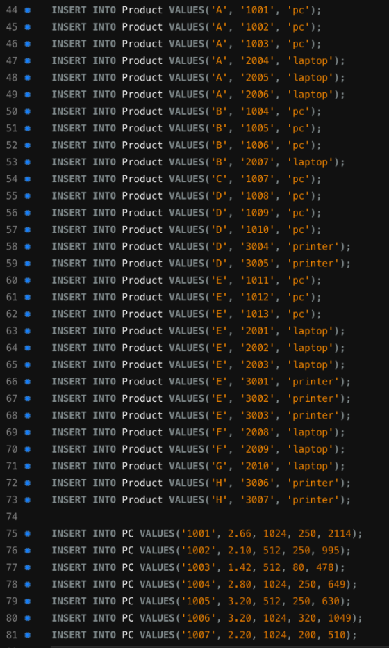 INSERT INTO Product VALUES (A· 1001, pc ); 44 45 # INSERT INTO Product VALUES( A, 1002. pc ); 46 # INSERT INTO Produ