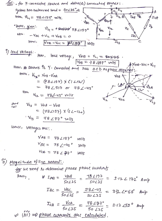 system ha△ balanced lood= 50L2522 4 Vo 0 Woc L2. far uve need to dekesmine pnate phase euans VAB So L25 78 4223.12 452° Ap СА