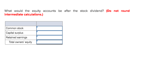What would the equity accounts be after the stock dividend? (Do not round intermediate calculations.) Common stock Capital su