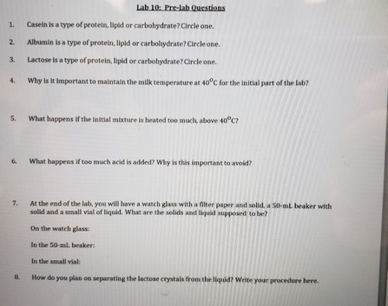 1. Casein is a type of proteln, lipid or carbohydrate? Circle one. 2. Albumin is a type of protein, lipid or carbohydrate? Ci