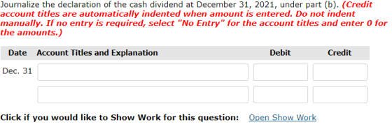 Journalize the declaration of the cash dividend at December 31, 2021, under part (b). (Credit account titles are automaticall