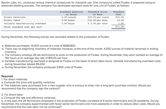 Becton Labs, Inc., produces various chemical compounds for industrial use. One compound, called Fludex, is prepared using an