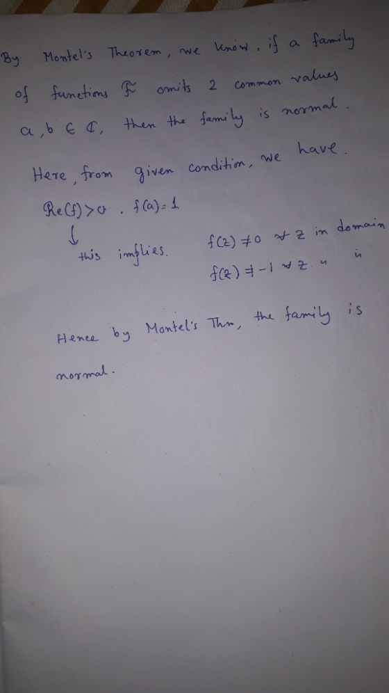 a family By Montels Thiorem, we ino functins omits 2 Common values is normal fami ly C b E then the have HeTe from given con