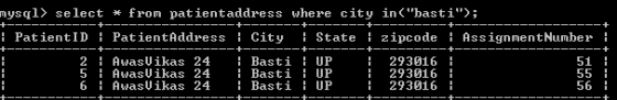 nysql select from patientaddress where city in(basti; iPatientID PatientAddress City State zipcode AssignmentNumber 51 56 2