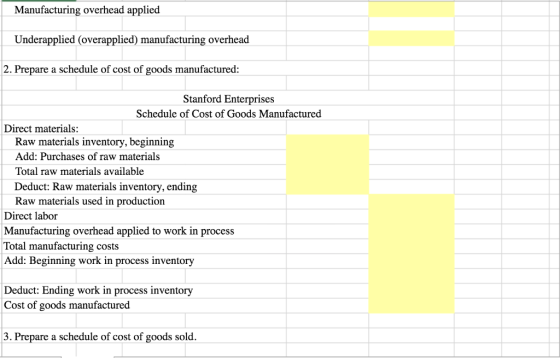 Manufacturing overhead applied Underapplied (overapplied) manufacturing overhead 2. Prepare a schedule of cost of goods manuf