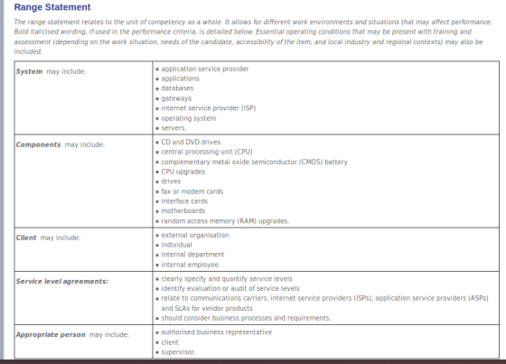 Range Statement The range statement relates to the unit of competency as a whole. It allows for different work environments a