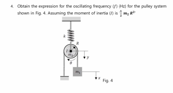 4. Obtain the expression for the oscillating frequency (f) (Hz) for the pulley system shown in Fig. 4. Assuming the moment of