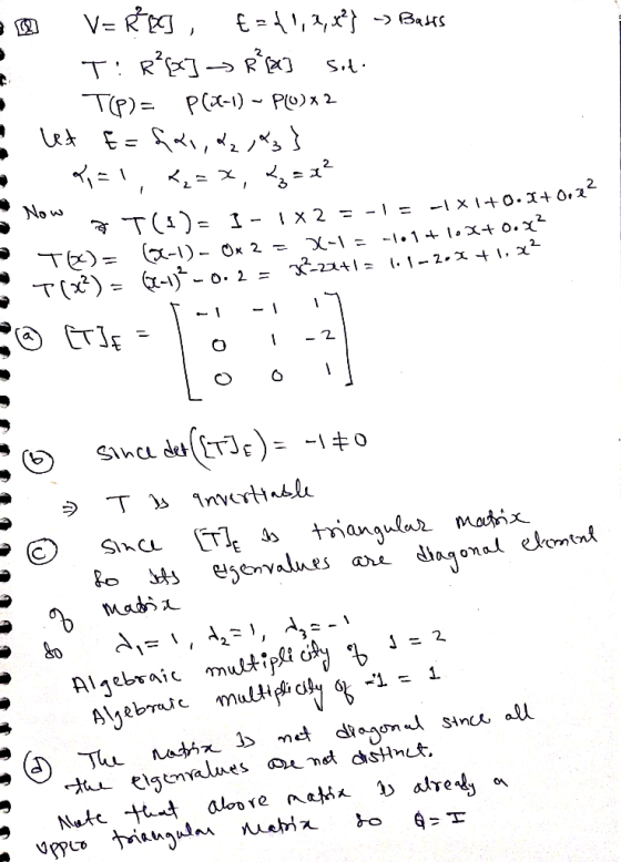 V R T R TP)= -Bas PCt-1) Plo)x 2 No w T) - I - 1x 2 = -1 = O. 2= - 1 .2 Since detTJ) : Tu Invertnl Matix triangulur SInce eea