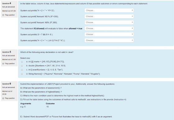 Question 4 Not yet answered Marked out of 600 System.out.printin4 + 2-42) P Flag question In the table below, column A has