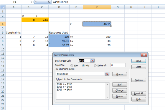 F4 7.69 46.15 6 Constraints Resoures Used 100 92.31 30.77 13 100 2 2 38 4 10 Solver Parameters Set Target Cell: Equal To: O M