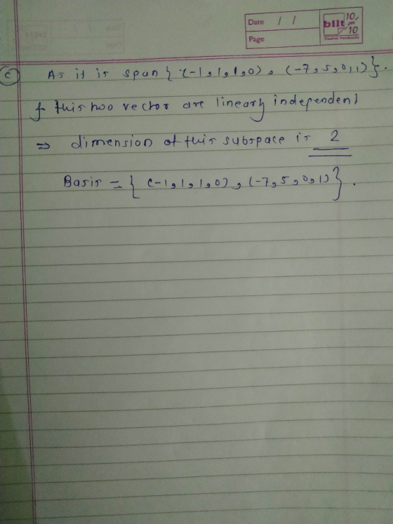 10, Date/ Page 10 个hoo VechT crt linear, independen) dimensio ot tis subrpace s 2
