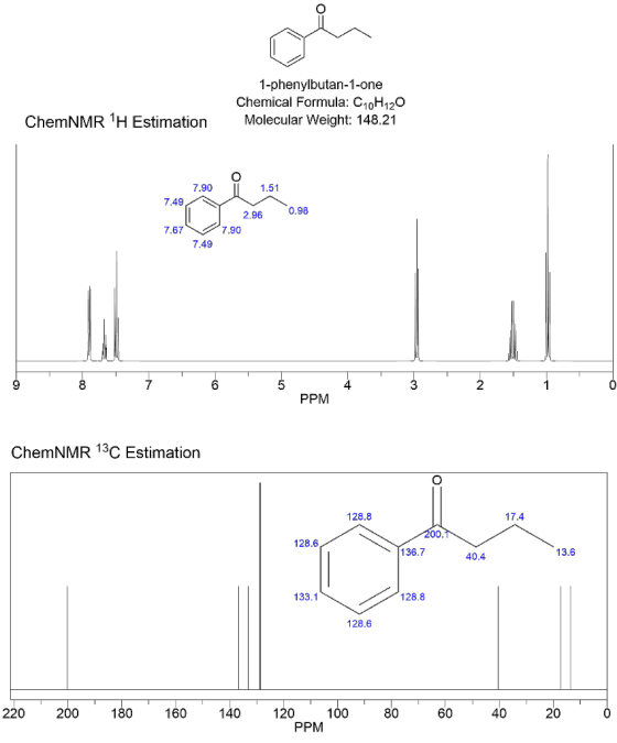 1-phenylbutan-1-one Chemical Formula: C10H120 Molecular Weight: 148.21 ChemNMR 1H Estimation 1.51 7.90 .49 0.98 2.96 7.67 7.9