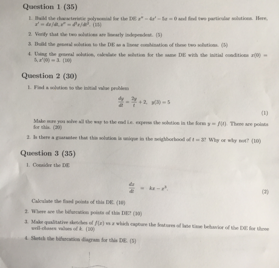 Question 1 (35) 1. Build the characteristic polynomial for the DE z,-4x,-52-0 and find two particular solutions. Here, x =
