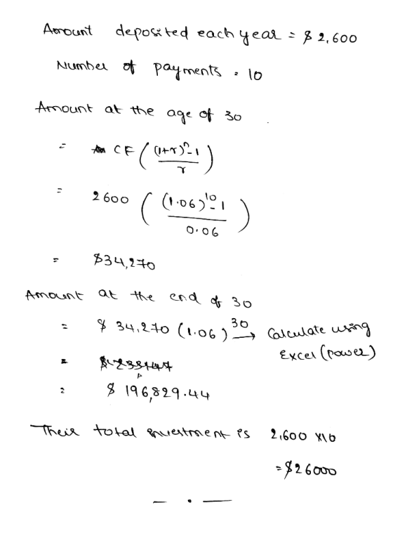 depoted each year - g 2,600 Aeгount Numbe payments Arnount at the age ф З0 я СF (1 -06 lо 2 600 0.о6 34,2to end d 3o he Amoun