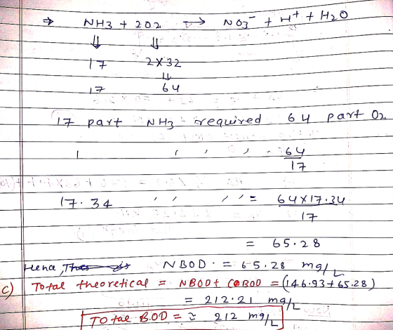 NH3 + 202 N 63 H 2X32 part O2. equired part 64X17.24 34 65. 28 N BOD mal -(1.4693+6 mat Llena The NBODt CROD 2 8 To fal the r