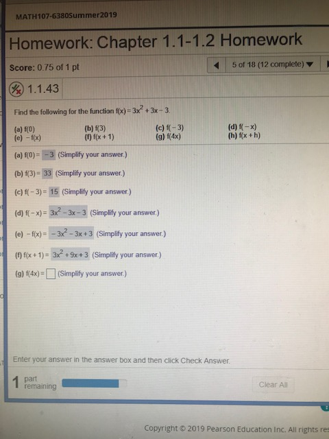 MATH107-6380Summer2019 Homework: Chapter 1.1-1.2 Homework 5 of 18 (12 complete) Score: 0.75 of 1 pt 1.1.43 Find the following
