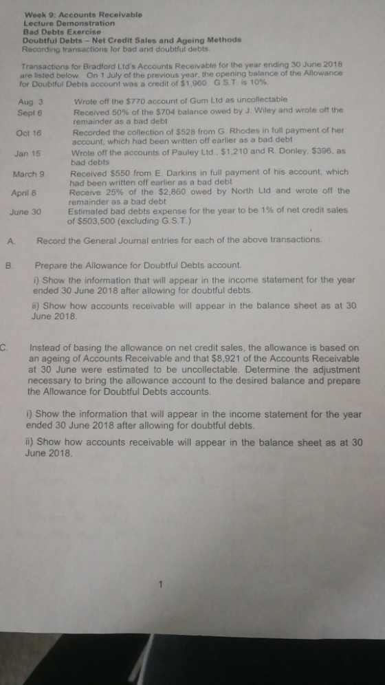 Week 9: Accounts Receivable Lecture Demonstration Bad Debts Exercise Doubtful Debts-Net Credit Sales and Ageing Methods Recor