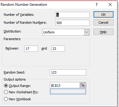 X Random Number Generation Number of Variables: OK Number of Random Numbers: Cancel 500 Distribution Help Uniform Parameters