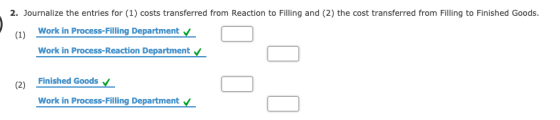 2. Journalize the entries for (1) costs transferred from Reaction to Filling and (2) the cost transferred from Filling to Fin