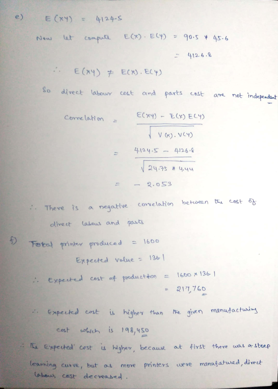 e) EC)424-s at computa E(x). E (Y) ; 90-5 * 45-6 412 6.2 o diect labou colt and parts cast nob indepdat Corne lahi on ECxY) -