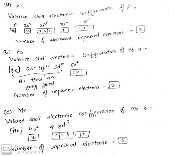 C) P alence shetl electonic conbiuratim 3P 1レ slectveas vnpaixed electrons (b) Pb cP Valence Shell elechonic lonhig uration i