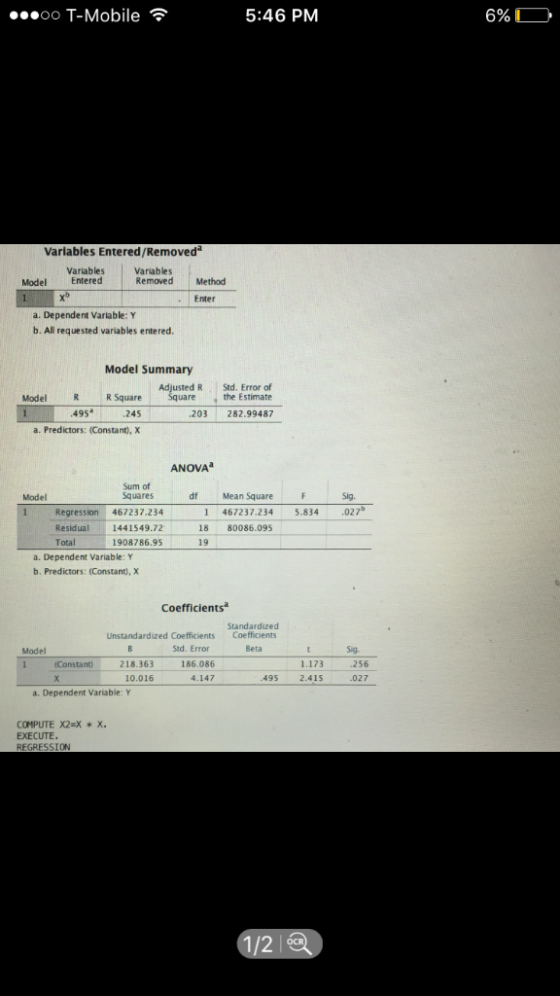 ..«oo T-Mobile 5:46 PM 6%) Variables Entered/Removed Variables Model Entered Variables Removed Method Enter a. Dependent Vari