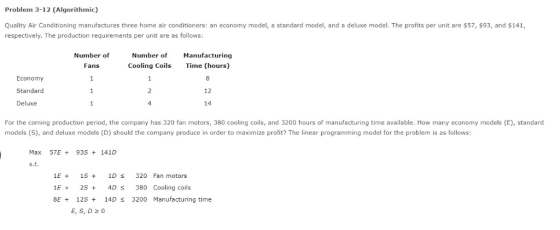 Problem 3-12 (Algorithmic) uality Air Conditioning manufactures three home air conditioners: an economy mode a standard model