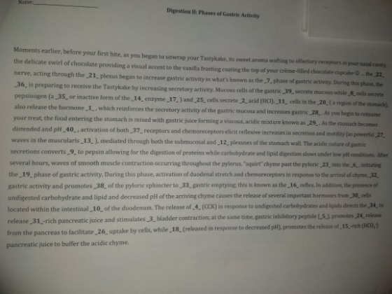 Name Digestion I: Phases of Gastric Activity Moments earlier, before your first bite, as you began to unwrap vour Tastvkake,
