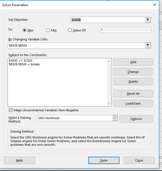 Solver Parameters Set Objective To: O Max OMin alue Of By Changing aiable Cells: SAS48 SBS26:SBS45 Subject to the Constraints